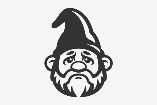 Graphic black and white vector illustration of a sad dwarf or gnome face wearing a pointed hat on a light background.