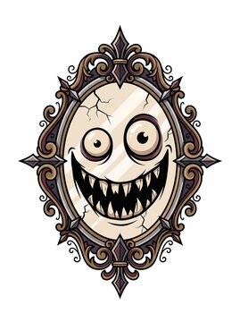 Spooky Halloween Haunted Magic Mirror with Evil Face Vector Illustration