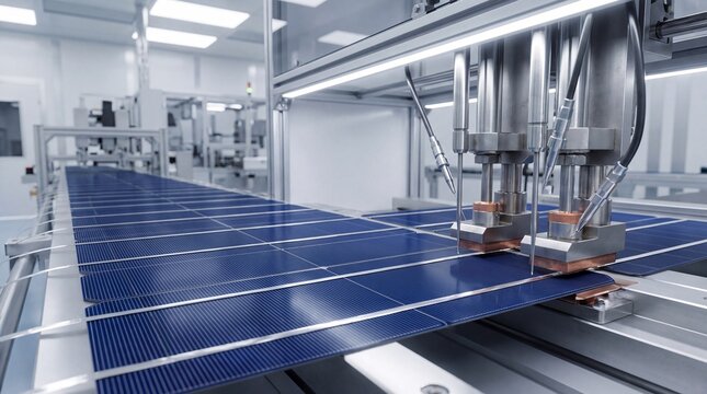 Automated stringer machine soldering solar cells on conveyor belt