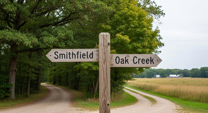 A weathered wooden directional signpost stands at a crossroads in a verdant rural landscape, indicating paths leading towards Smithfield and Oak Creek amidst lush foliage and agrarian fields
