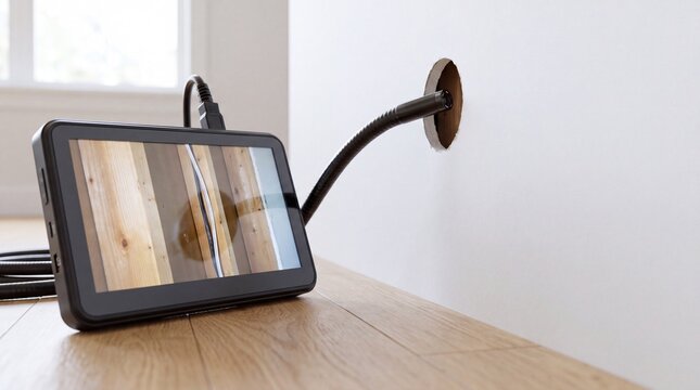 Digital borescope inspection camera probing drywall wall cavity