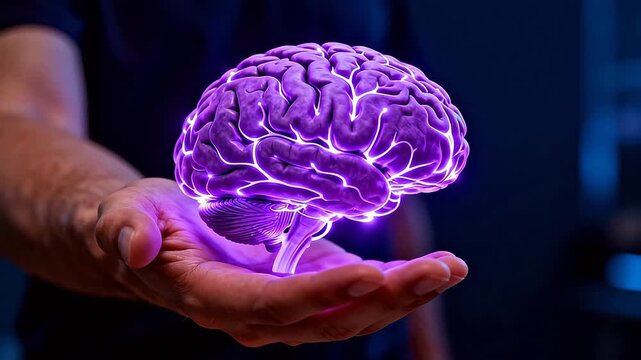 Hand holding glowing brain model