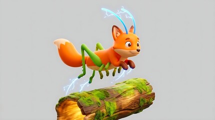 Naklejka premium Adorable fantasy fox insect hybrid leaping over a mossy hollow log