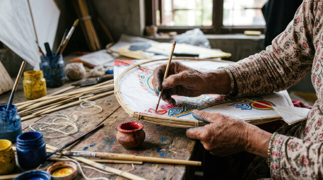 Elderly persons hands painting a delicate design on a round object.
