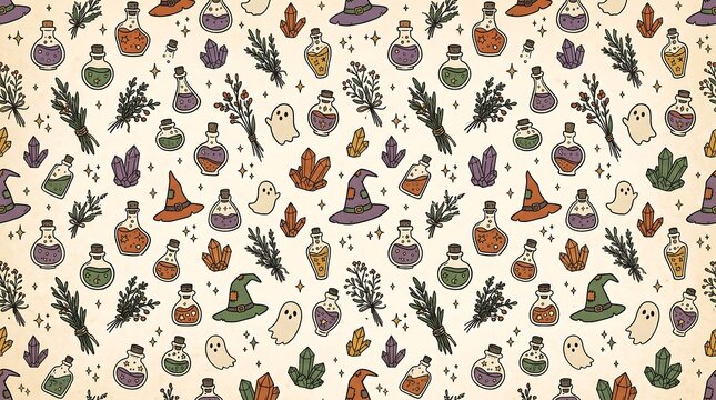 Vintage Magic Witchy Seamless Pattern with Potion Bottles, Herbs and Crystals