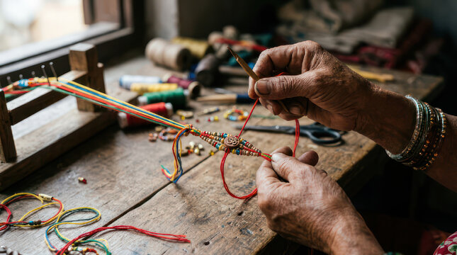 Hands crafting jewelry with beads and thread on a wooden table.