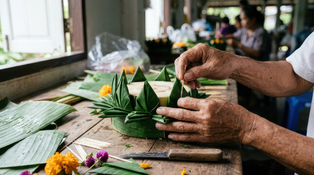 Hands crafting traditional Thai krathong for Loy Krathong festival.
