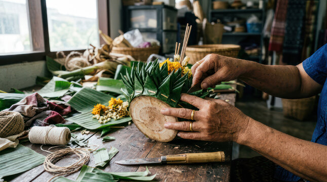 Person crafting a decorative arrangement with natural materials.