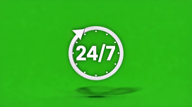 Continuous 24/7 service icon rotating with shadow on green screen background
