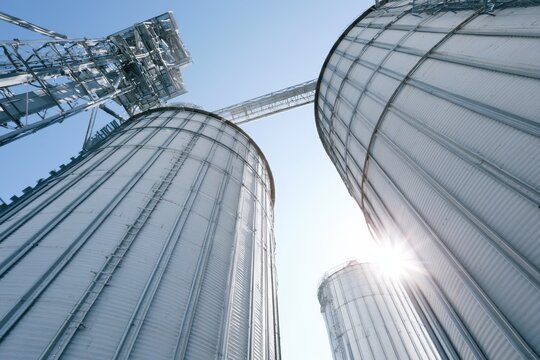 Metal grain silos elevator tanks storage facility at agricultural factory under blue sky. Industrial agribusiness infrastructure, food production logistics and farming distribution warehouse solution.