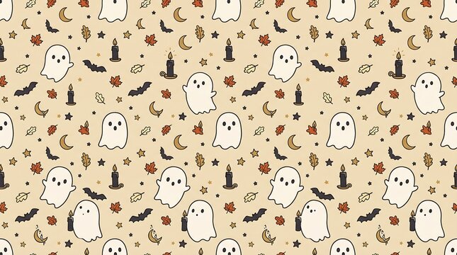 Cute Halloween Seamless Pattern with Ghosts, Candles and Bats