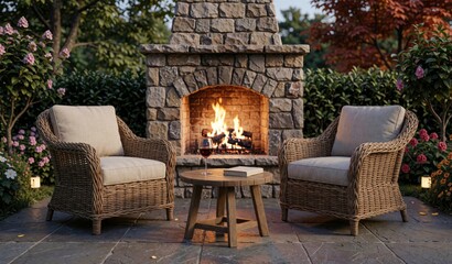 Fototapeta premium Cozy Outdoor Seating by Stone Fireplace Evening Relaxation Ambiance