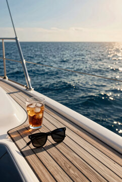 a cup of coffee on the deck of a yacht