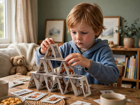 Redhead child playing alone at home building card tower, boy patiently stacking animal cards to build house of cards, quiet concentration, fine motor skills, focused on his game in family living room