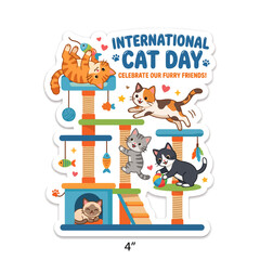 Fototapeta premium International Cat Day sticker design, cute cartoon kittens playing on a cat tree house, colorful feline pet illustration EPS isolated on White Background