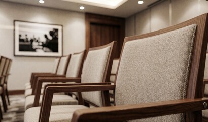 Fototapeta premium Modern Comfortable Waiting Room Interior with Stylish Wooden Chairs