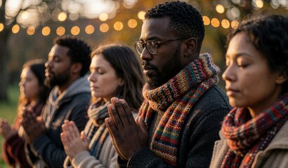 Fototapeta premium Diverse Group Praying Outdoors Sunset Serenity Faith Together