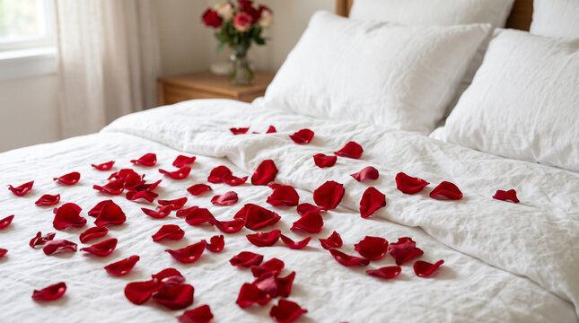 Romantic bed with white sheets and scattered red rose petals