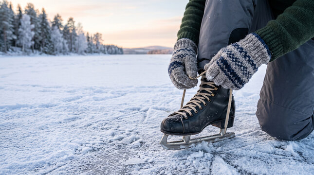 Person tying laces on vintage black ice skate on frozen lake winter outdoor sports background
