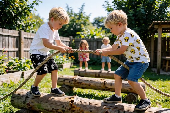 Two Young Boys Playing Outdoors with Ropes in Sunny Garden