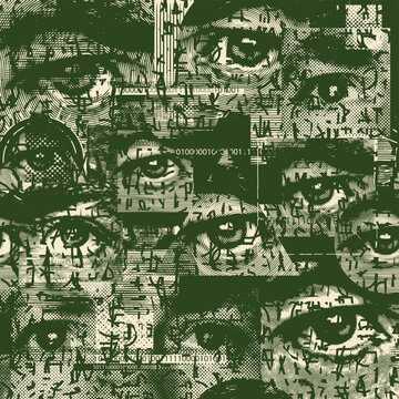 A seamless pattern featuring human eyes against a background of handwriting text, numbers, and pixels. Vector banner themed around computer games, technology, the internet, and dot matrix printing.
