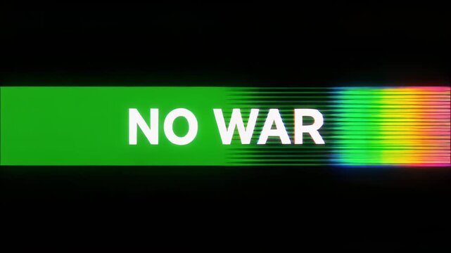 Digital glitch text reading NO WAR against black background with abstract colorful data corruption