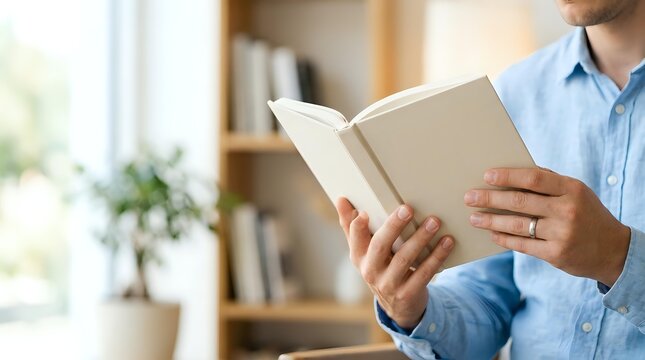 Man in light blue shirt reading open book indoors near window with blurred bookshelf background, suitable for education, learning, and literature concepts.