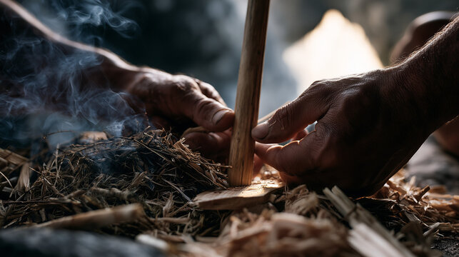 Primitive Fire Starting: Close-up of skilled hands creating fire using a friction-based method with a wooden spindle and tinder, generating smoke and heat.