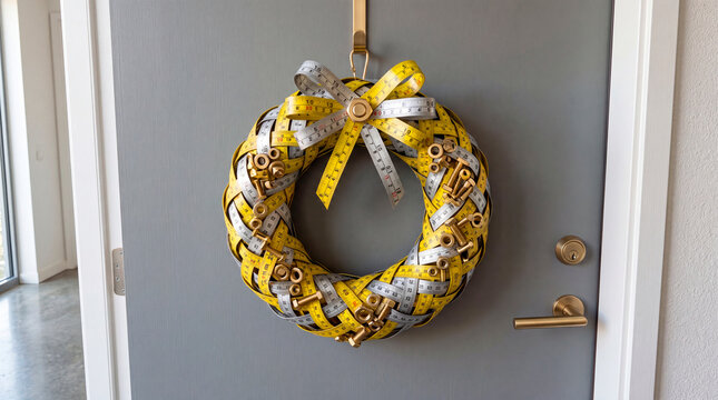 Unique Christmas wreath made from yellow steel measuring tapes and brass bolts on a front door