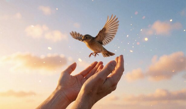 Bird Flying from Open Hands at Sunset Sky Hope Freedom