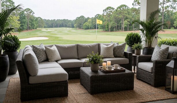 Luxury Outdoor Living Space with Wicker Furniture and Golf Course View