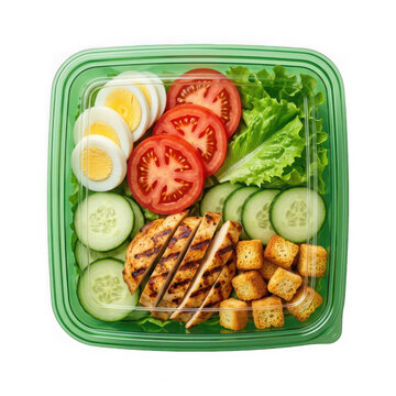 Fresh grilled chicken salad in a clear plastic container isolated on transparent background