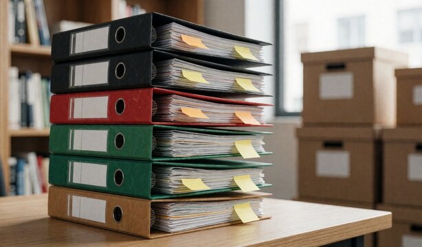 Stack of organized files and folders on wooden desk with blurred office background