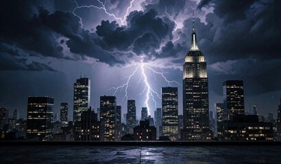 Obraz premium Dramatic Cityscape Storm Lightning Night Urban Skyline Weather