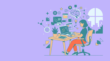 Fototapeta premium Woman working on laptop at desk with AI brain graphic, data, and cityscape background. Concept of technology and innovation.
