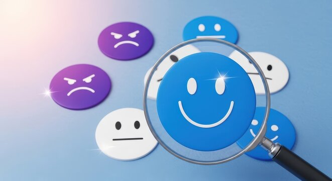 Customer satisfaction concept with smiling emoji icons and magnifying glass on blue background for customer experience analysis