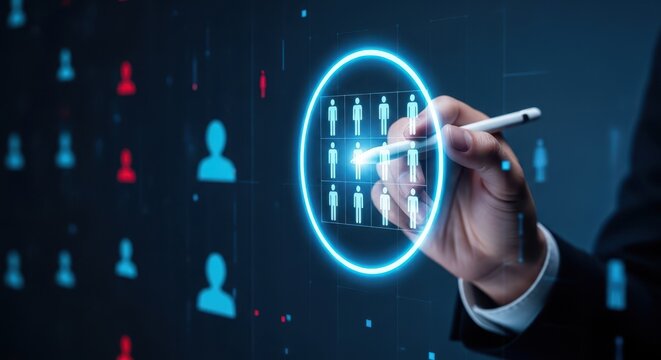 Business technology innovation concept with hand touching virtual digital interface and data visualization
