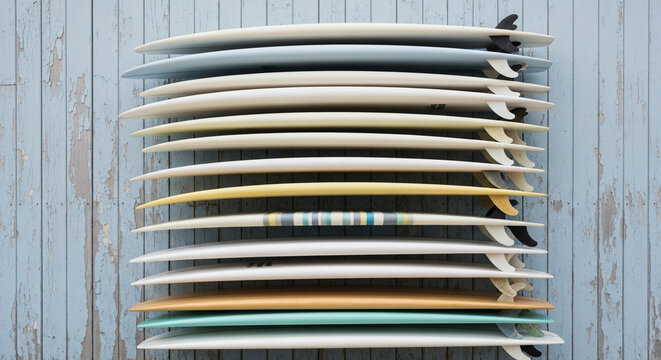 A collection of diverse surfboards, showcasing various shapes, colors, and fin configurations, arranged horizontally on a textured, light blue wooden surface, evoking beachside leisure and ocean
