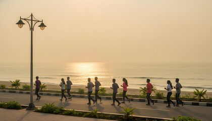 Obraz premium Group of joggers running along the coastal road in Visakhapatnam during a serene morning atmosphere on the beach for health and wellness concept in golden sunrise light