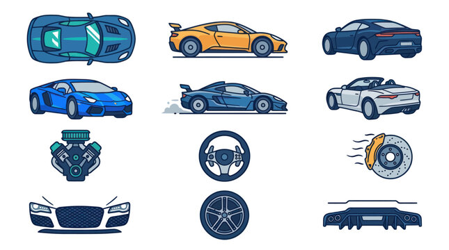 Pixel Art Sports Cars Collection: Top View, Side View, Convertible, Engine, Steering Wheel, Brake Disc, Wheels, Front Grill, Spoiler