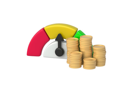 Medium financial performance metrics. Average income. Conservative asset allocation strategy. Middle capital growth. Efficiency gauge beside coins isolated on white background. 3d render
