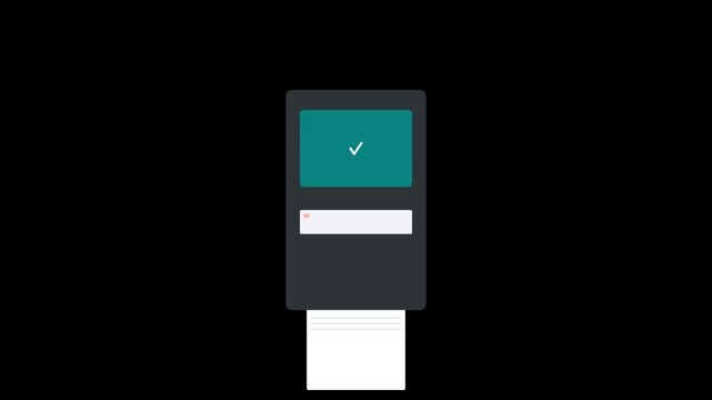 Animated POS Terminal Processing Transaction and Printing Receipt with Success Checkmark.
