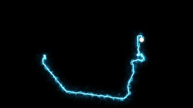 Glowing blue electrical neon light traces the outline map of United Arab Emirates on a black background creating a vibrant digital energy animation