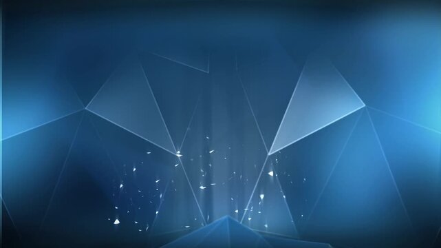 3D Futuristic Blue Polygon Virtual Studio - Neon Geometry Stage Background with Green Screen Screen Frame