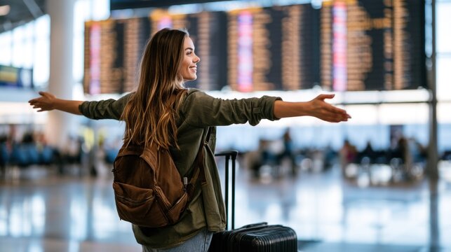 A young woman with long hair, wearing a green jacket, standing in an airport terminal, with her arms outstretched and a suitcase beside her.
