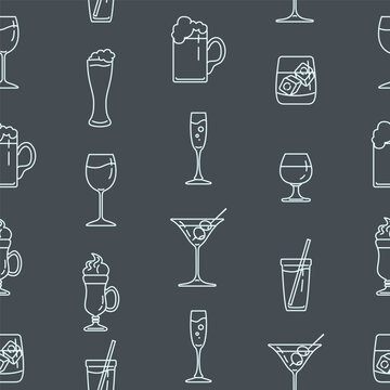 Vector Seamless Pattern of Outline Alcohol Drinks