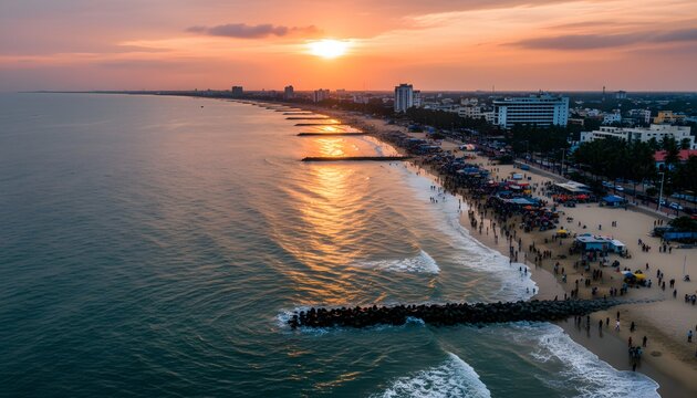High angle view of busy rk beach at sunset in visakhapatnam with crowds along the coastline for a coastal tourism concept with golden light over ocean waves
