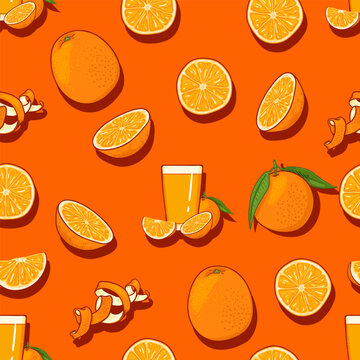 Seamless Pattern of Orange Juice and Fruits