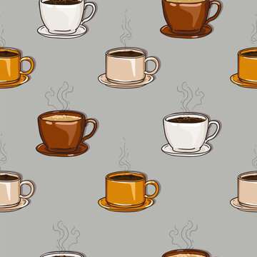 Vector Seamless Pattern of Cartoon Coffee Cups