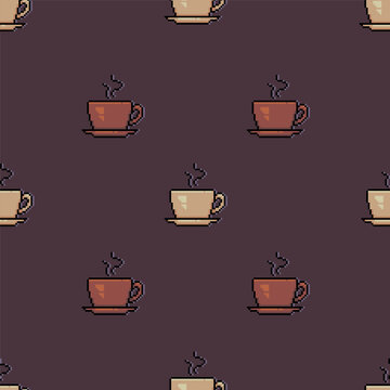 Vector Seamless Pattern of Pixelated Coffee Cups